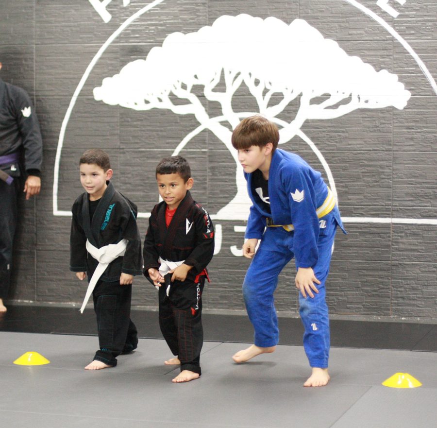 Kids lined up for class beneath the Family Tree logo