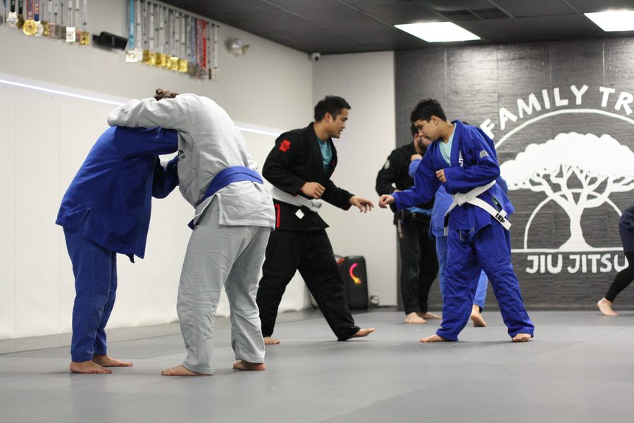 Adults training jiu jitsu with a coach