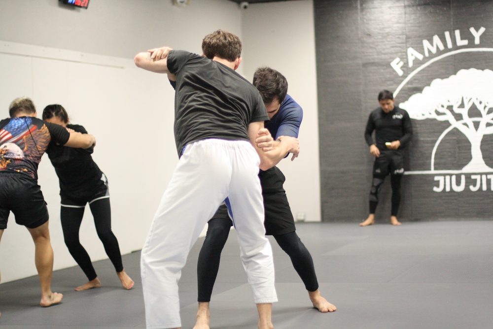 Members drilling no-gi takedowns in front of the Family Tree wall